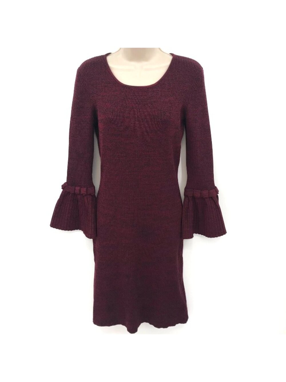 NWOT Nina Leonard Burgundy Textured Knit Dress With Bell Sleeves Size S
